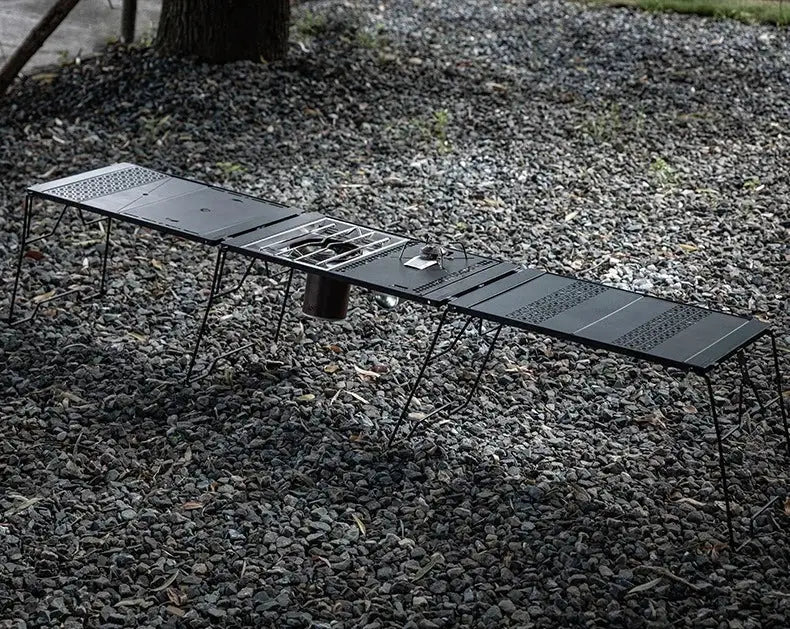 CAMPINGMOON CK-25BK-1PIGT combination camping table with central stove area, black metal, foldable.