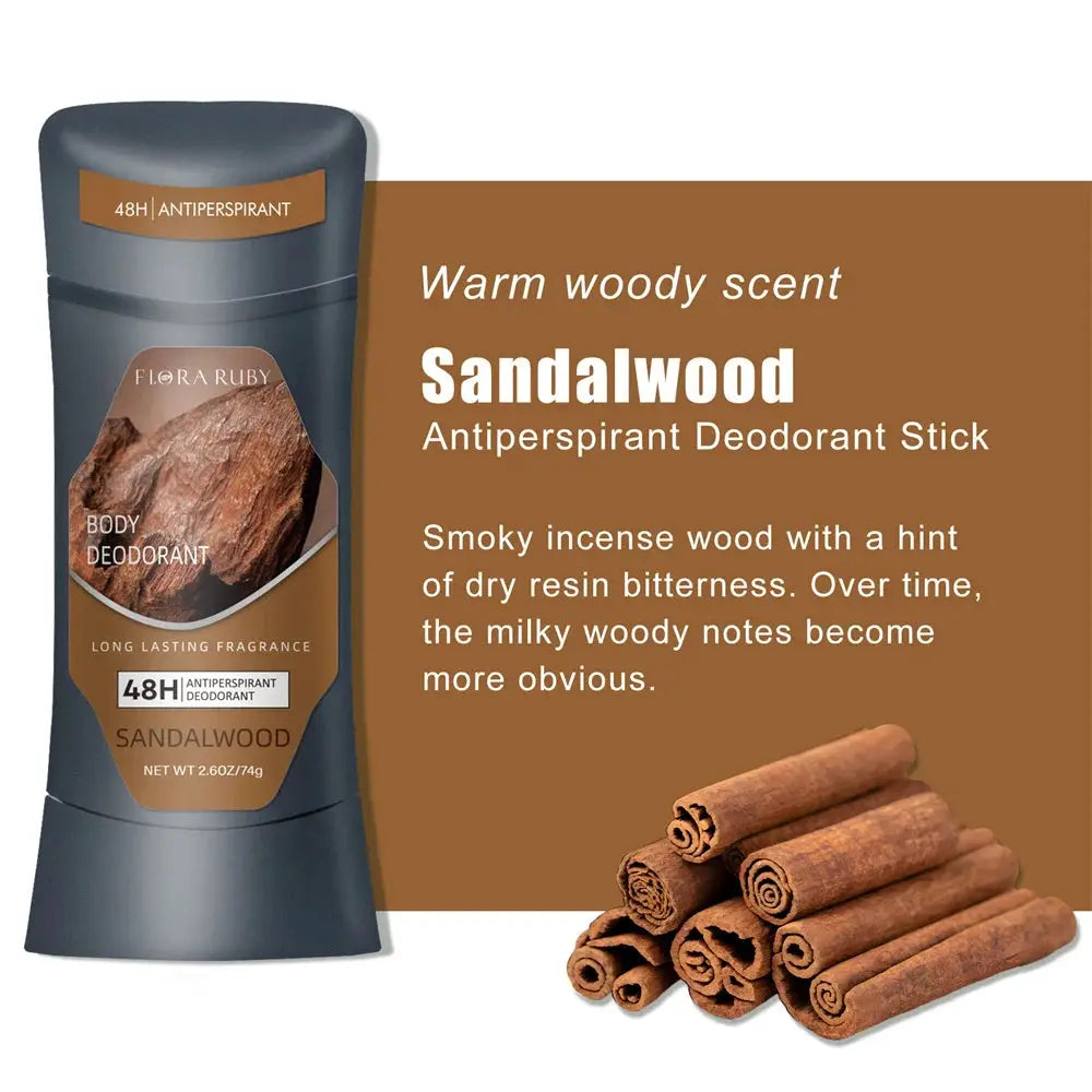 Sandalwood antiperspirant deodorant stick by Flora Ruby, 74g (2.6oz), long-lasting 48H protection.