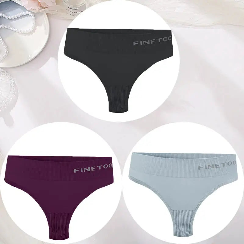 Three-piece FINETOO women's thong underwear set, seamless high-waist, in black, burgundy, and light blue