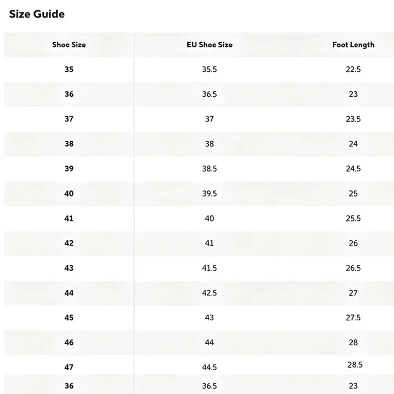 Size guide chart for men's fitness sneakers, showing shoe sizes, EU sizes and foot lengths.
