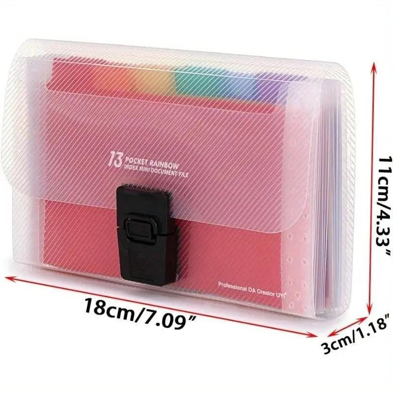 Simples Market A6 expanding file organizer with 13 pockets, rainbow tabs, pink translucent with black buckle closure