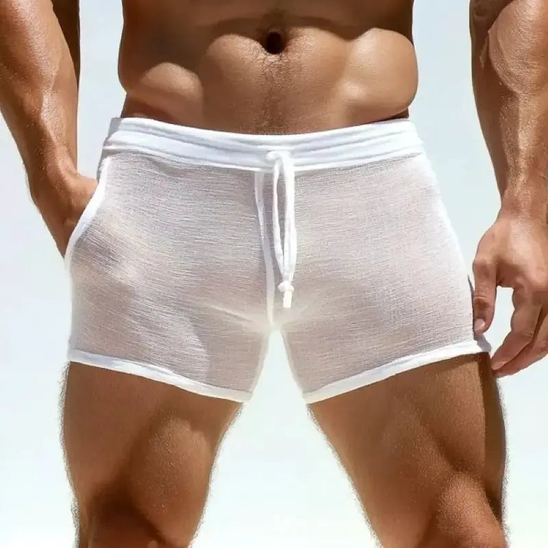 Men's Sexy Lace-Up Shorts in white mesh with drawstring, breathable home fitness loungewear