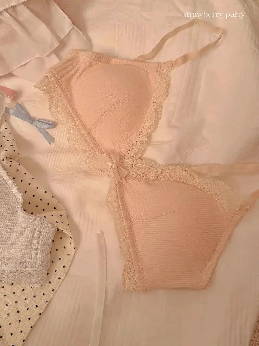 Pink lace-trim triangle-cup bra, wire-free and breathable with thin straps