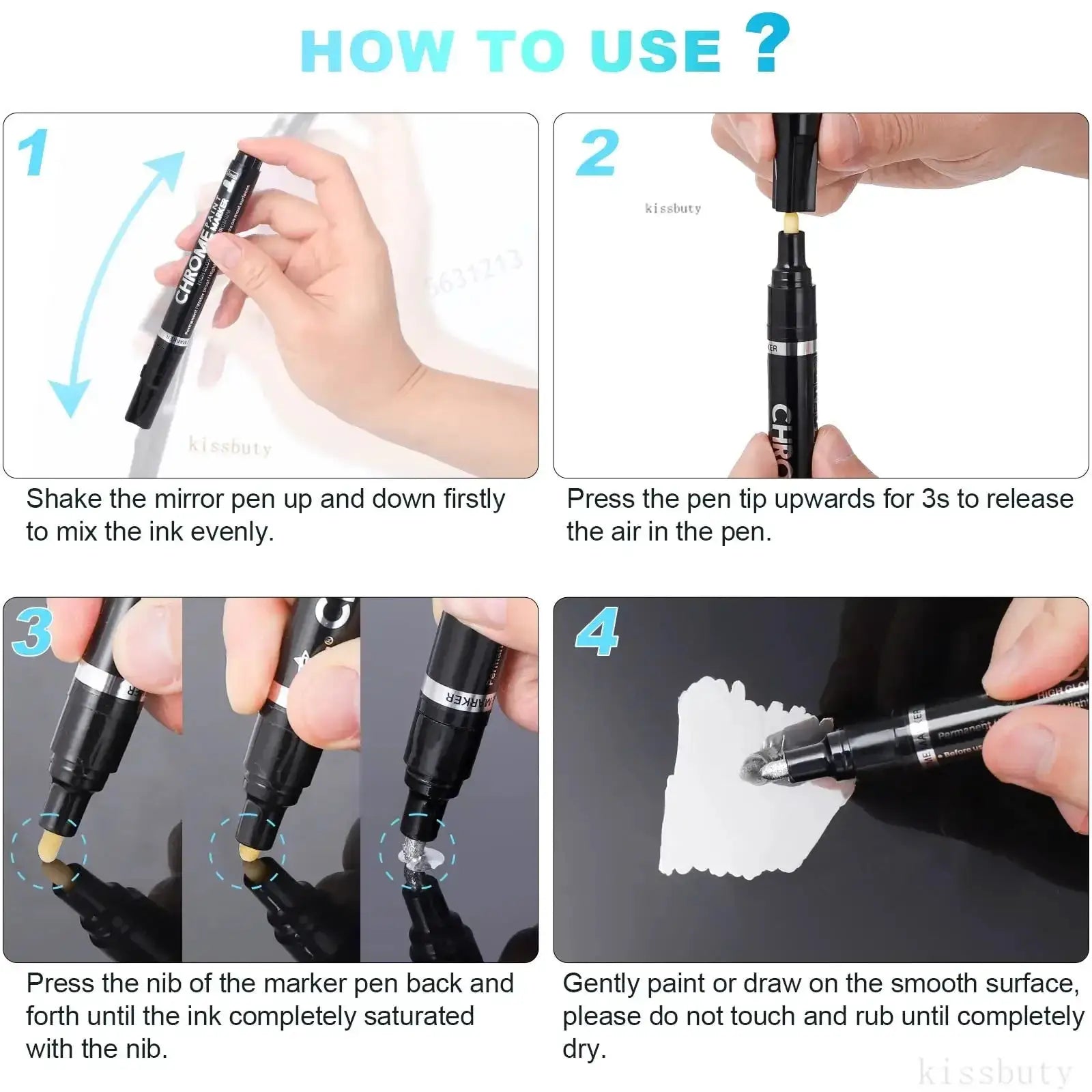 Chrome mirror marker pen by Simples Market; 2mm chrome silver marker for car styling, how-to-use guide.
