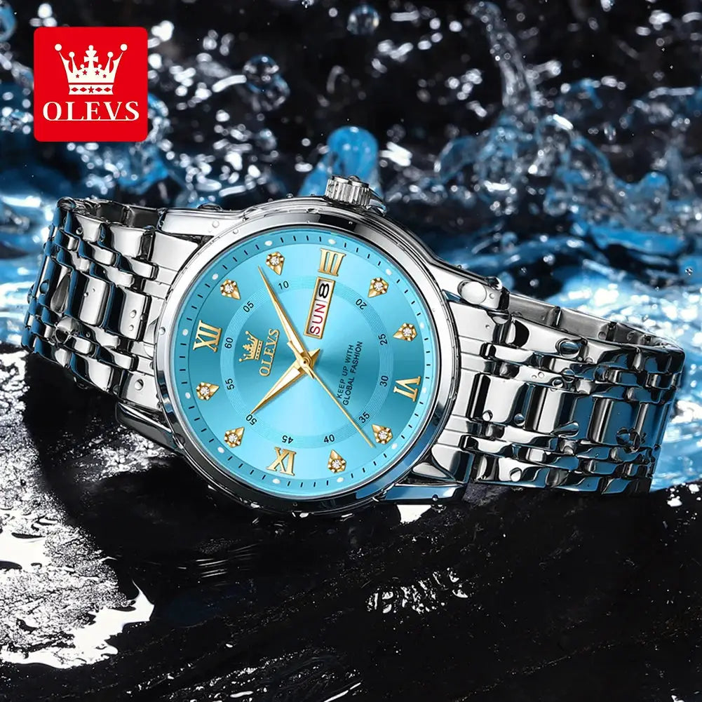 OLEVS men's quartz watch with blue dial and stainless steel bracelet, Roman numerals and crystal markers