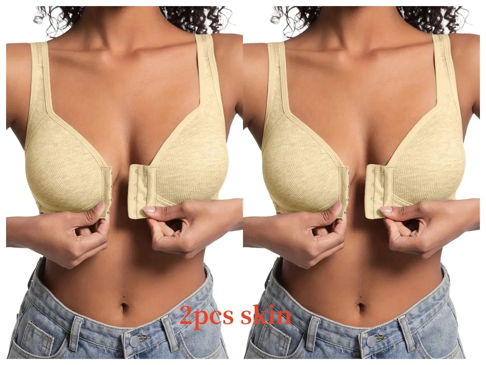 Women's beige wire-free front-closure bra with full-coverage cups, 2-pack by Simples Market.