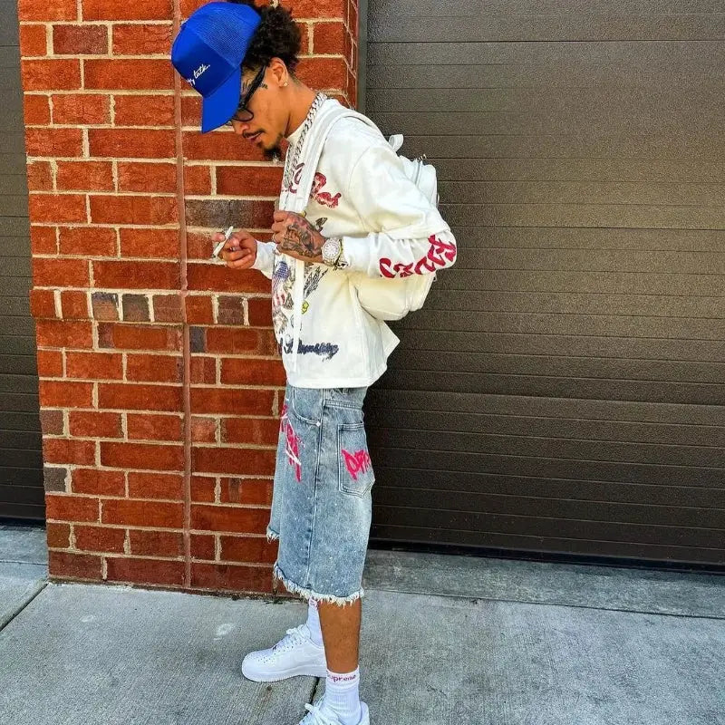 Y2K graffiti jorts in light distressed denim, baggy unisex shorts