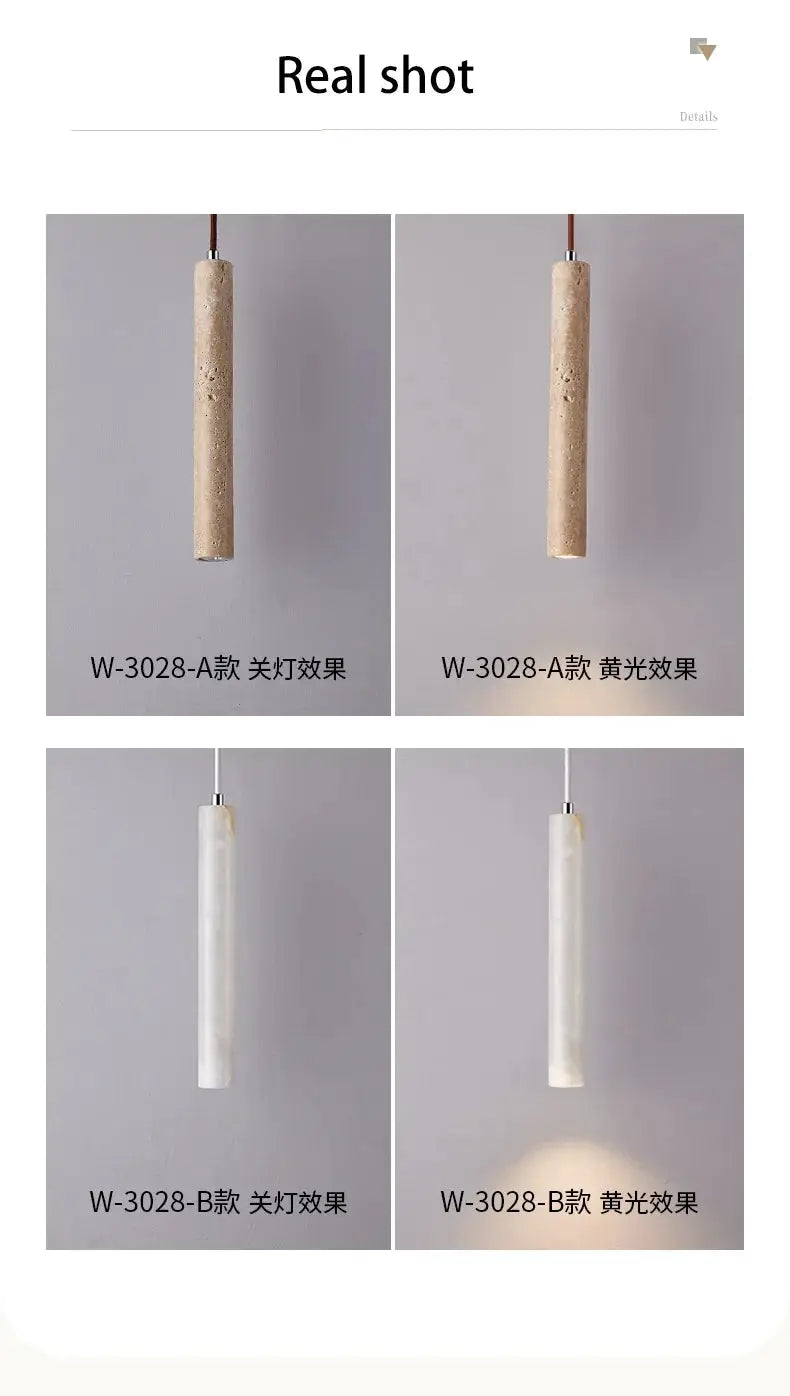 Led pendant lamp long tube in wood and marble finishes; four variants A/B shown with off and warm-light scenes.