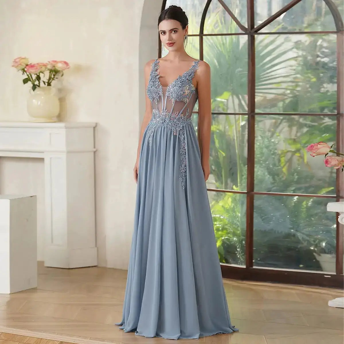 Navy Blue Spaghetti Straps A Line Evening Dress Appliques Prom Gown