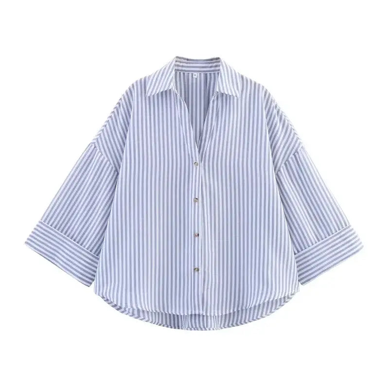 Striped blue and white women's shirt, loose casual button-up with wide sleeves