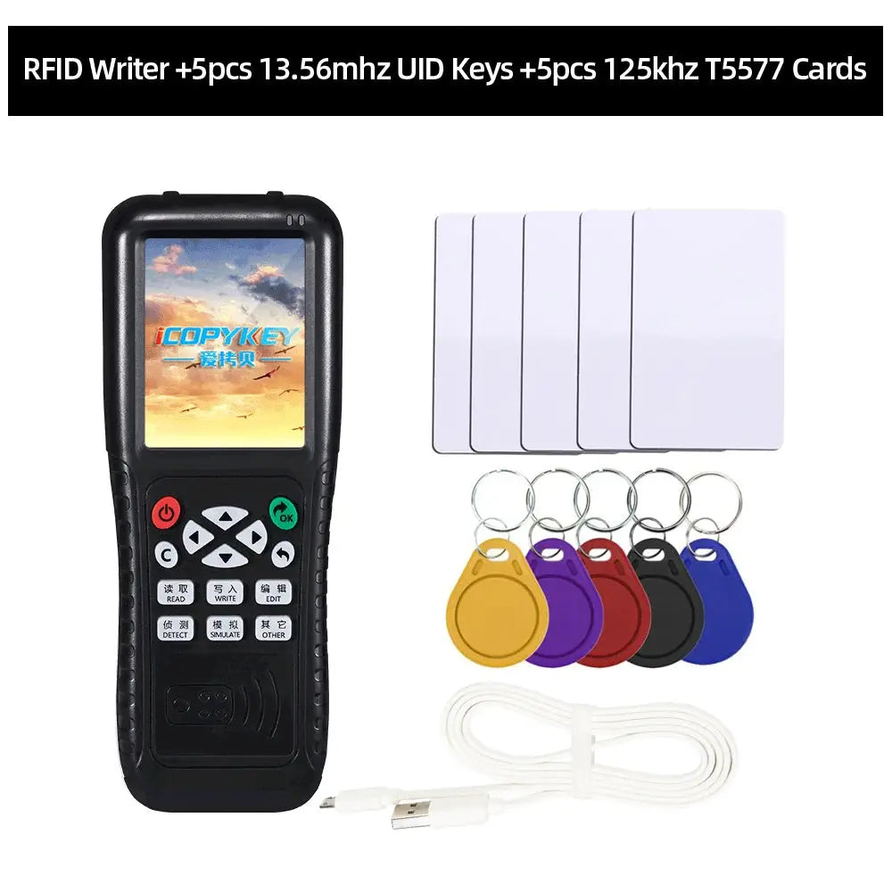 NFC RFID card reader/writer handheld in black with 5 white cards, 5 colored key fobs, and USB cable