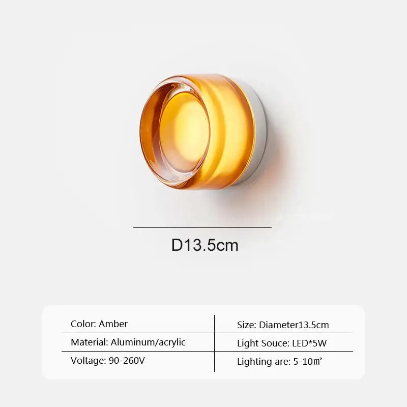 Modern LED wall lamp amber jelly sconce by Simples Market, diameter 13.5 cm, aluminum/acrylic, 5W LED