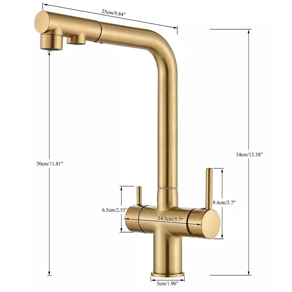 Brass kitchen pull-out filtered faucet with dual spray, 360° rotation by Simples Market