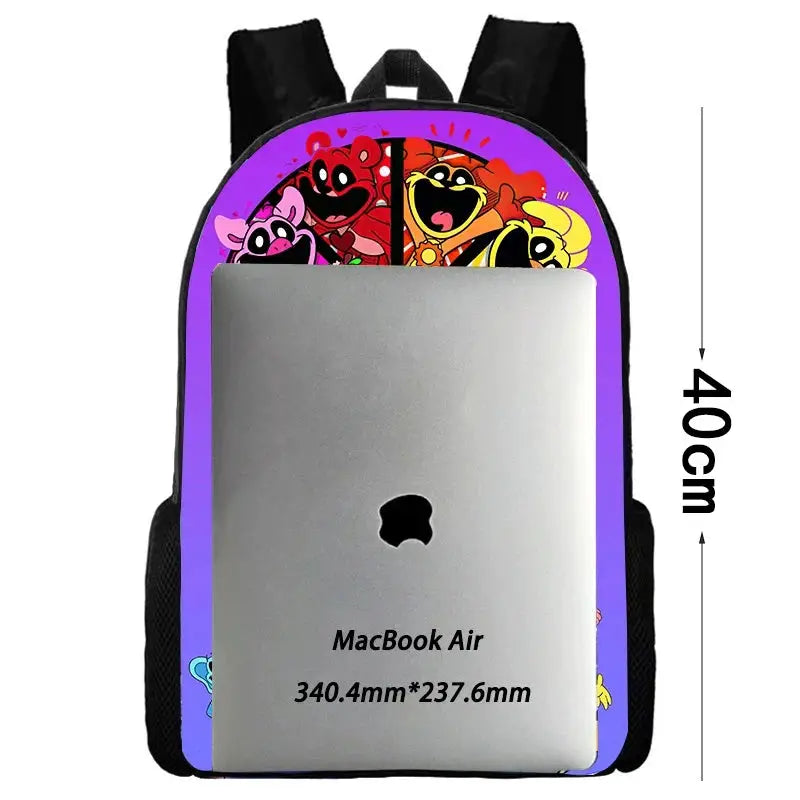 Kids' school backpack in purple with cartoon characters for boys and girls