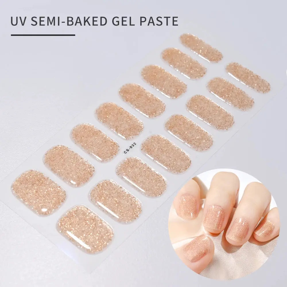 Nail sticker sheet with nude glitter UV gel full-cover decals; 16 tips, sparkly peach finish.
