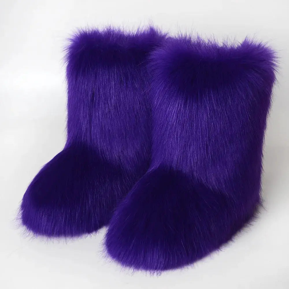 Women's Winter Snow Boots With Plush Faux Fox Fur Mid Calf Warm Platform Shoes For Cold Weather Outdoor