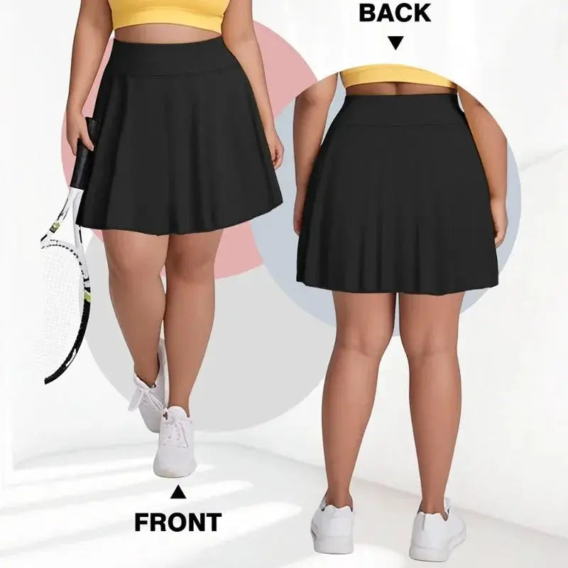 Plus-size solid black high-waist pocket short skirt for fitness, gym and outdoor use, Simples Market, front and back views