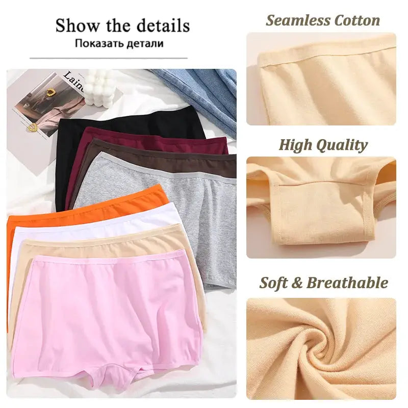 Women's cotton seamless boxers in XS-XL; assorted solid colors, soft and breathable