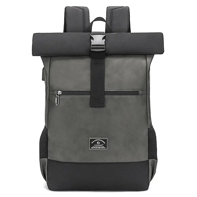 Waterproof PU leather backpack by Simples Market with roll-top closure in gray and black