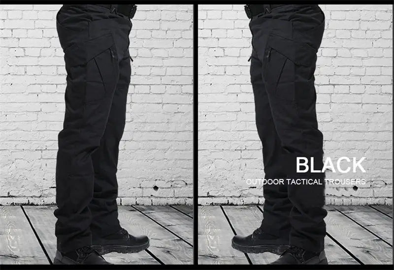 Tactical cargo pants for men in black with multiple pockets for outdoor use