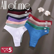 Cotton women’s panties 5-piece set in assorted solid colors, includes thong, bikini and briefs for everyday wear.