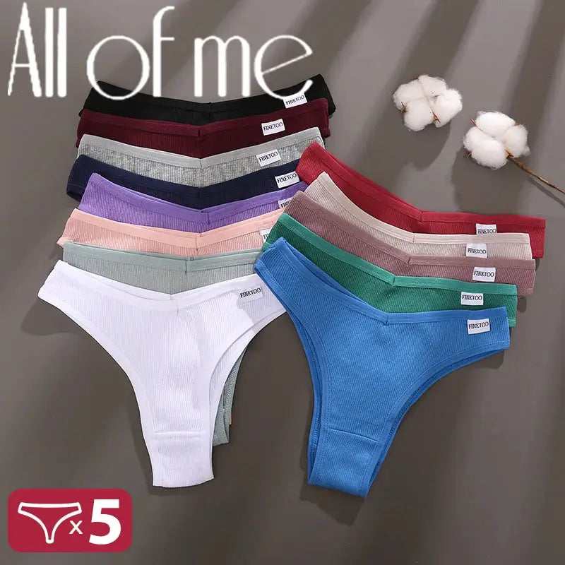 Cotton women’s panties 5-piece set in assorted solid colors, includes thong, bikini and briefs for everyday wear.