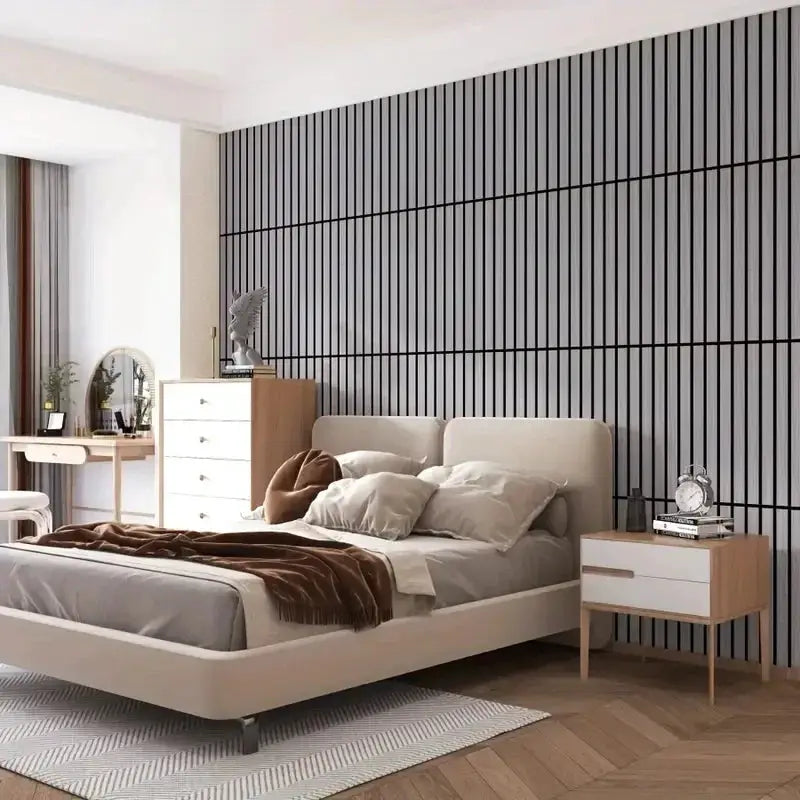 Self-adhesive wood grain wallpaper in black retro 3D pattern on a modern bedroom wall