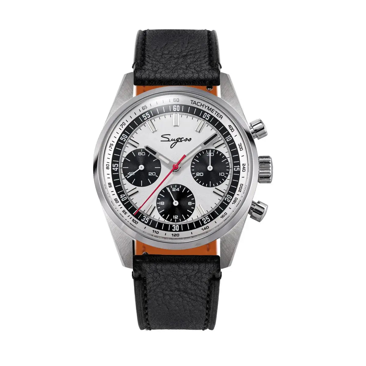 Sugess men’s 38mm chronograph watch with silver dial, black subdials, tachymeter bezel, and black leather strap