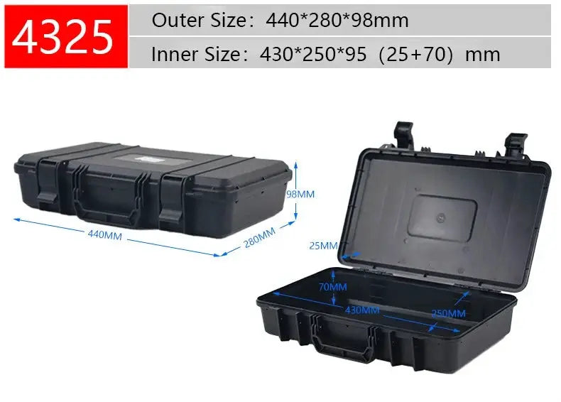 Simples Market waterproof hard tool case, black; outer 440x280x98mm, inner 430x250x95mm, open lid.