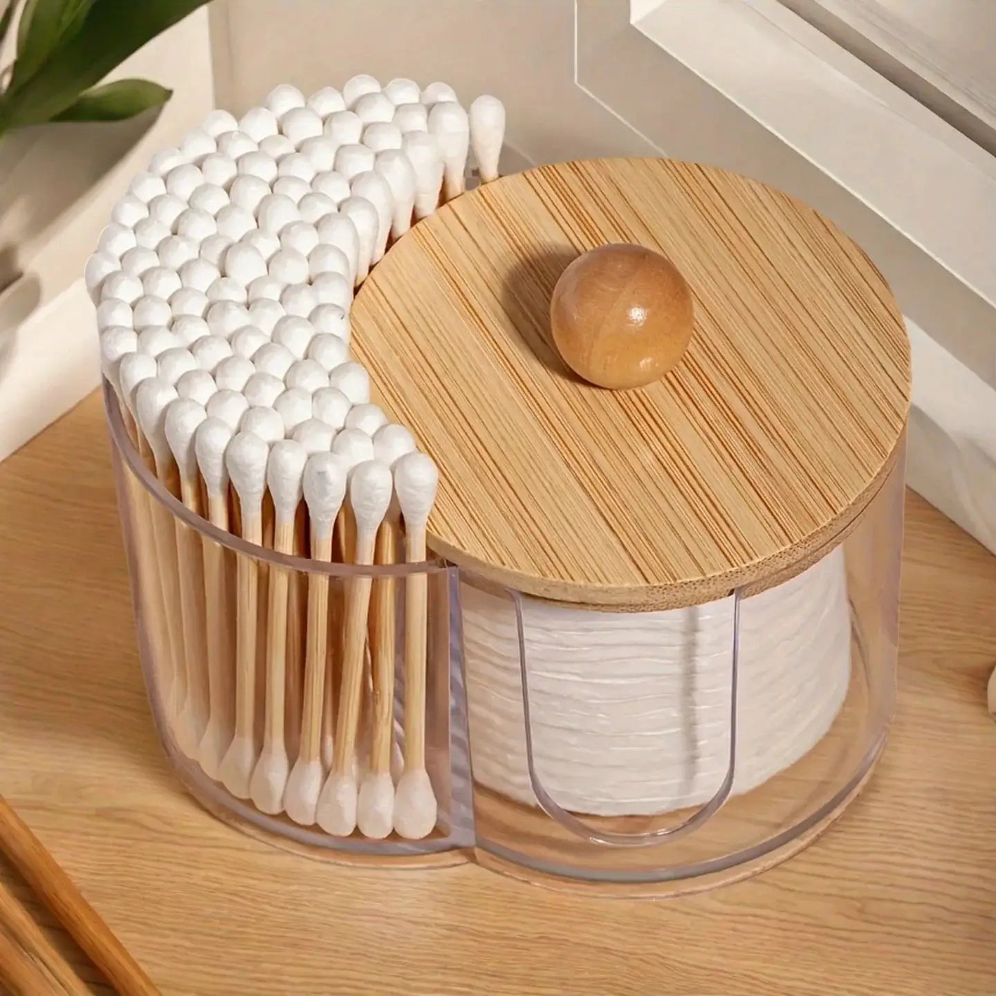 Clear Dual Compartment Cotton Swab And Cotton Balls Organizer For Bathroom Makeup Storage