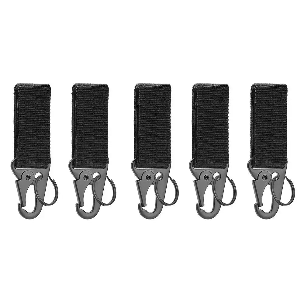 Five nylon carabiner key hooks with MOLLE straps, black webbing and gray metal hooks, Simples Market