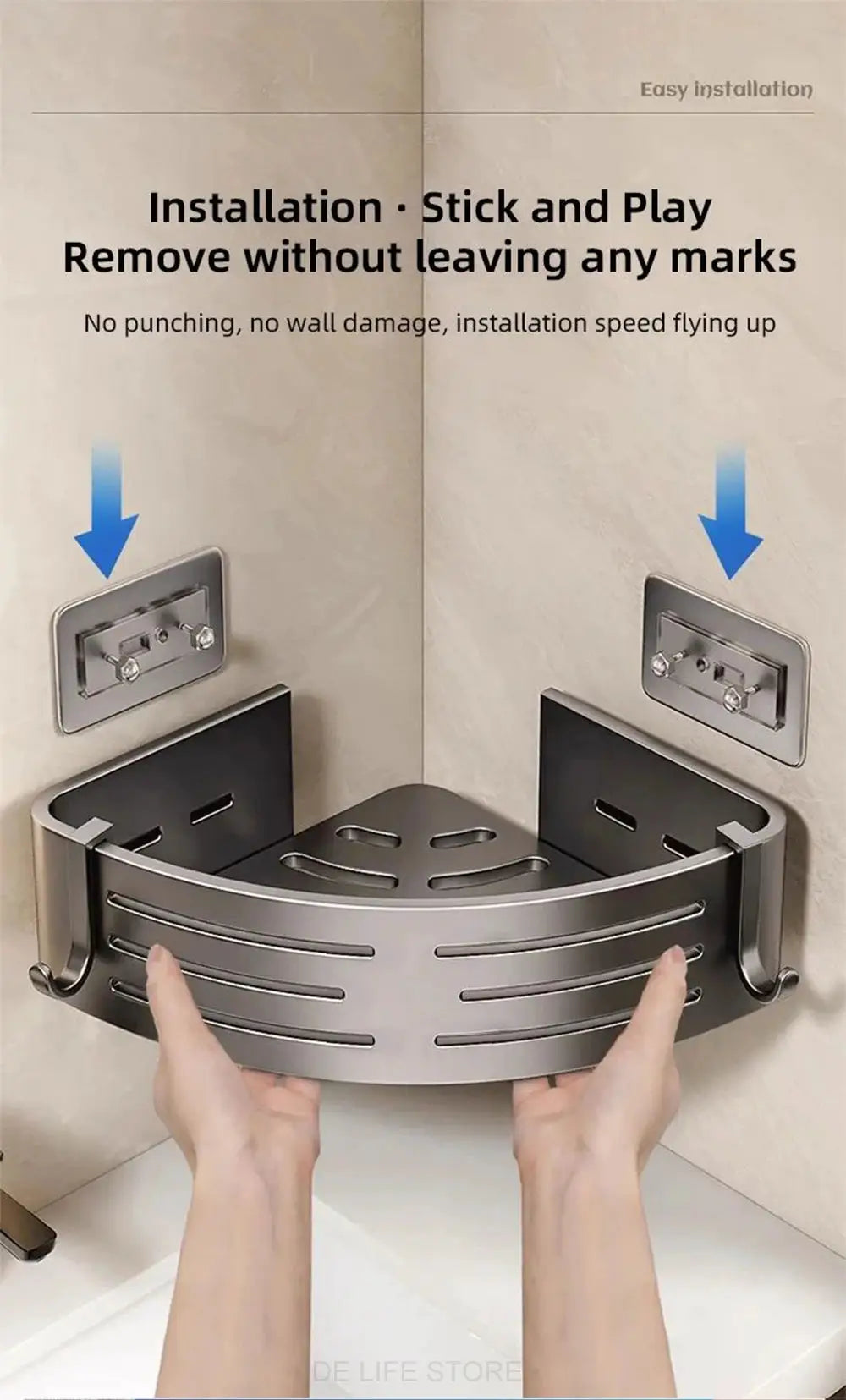 Space aluminum bathroom corner shelf with plastic towel hook, no-drill install by Simples Market