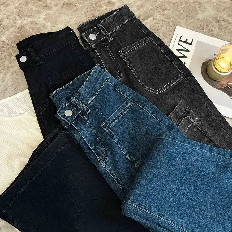 High Waist Loose Jeans Pockets Vintage Washed Denim Flare Trousers