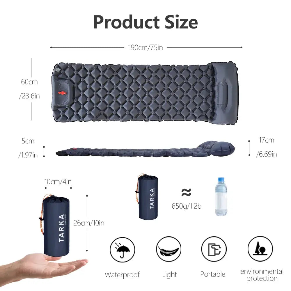 Simples Market TARKA inflatable camping air mattress; navy blue ultralight foldable self-inflating pad with carry bag