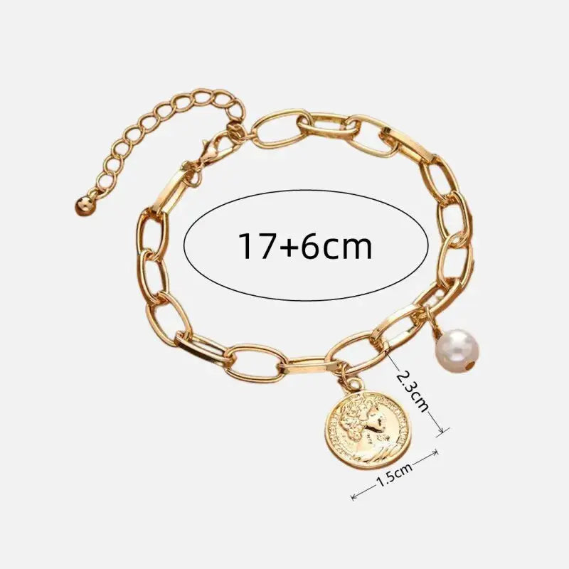 Gold Color Bracelet For Women Simple Style Thick Cross Chain With Love Human Head Cross Pearl Pendant