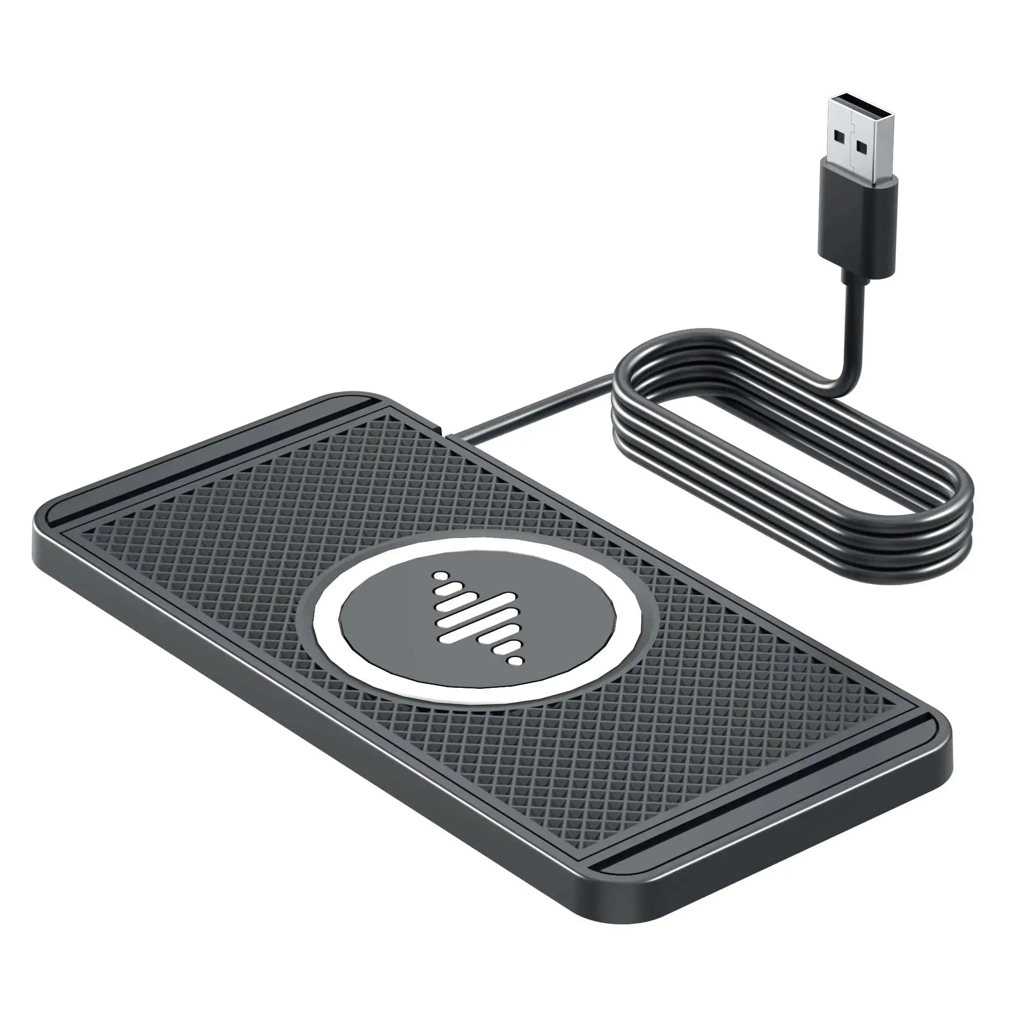 Car wireless charger pad base by Simples Market; black textured plastic with USB-A cable