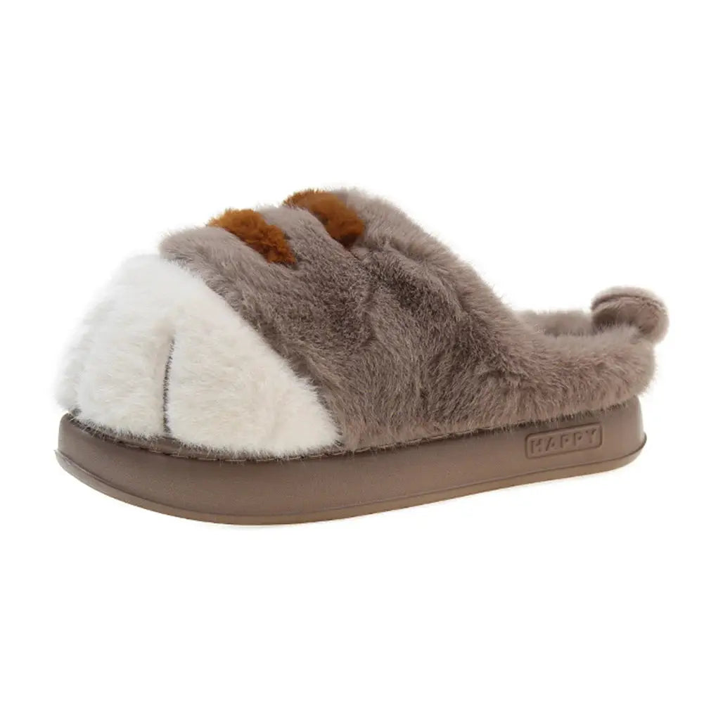3D Cat Paw Plush Slipper; fluffy gray/brown fur with white toe and non-slip sole