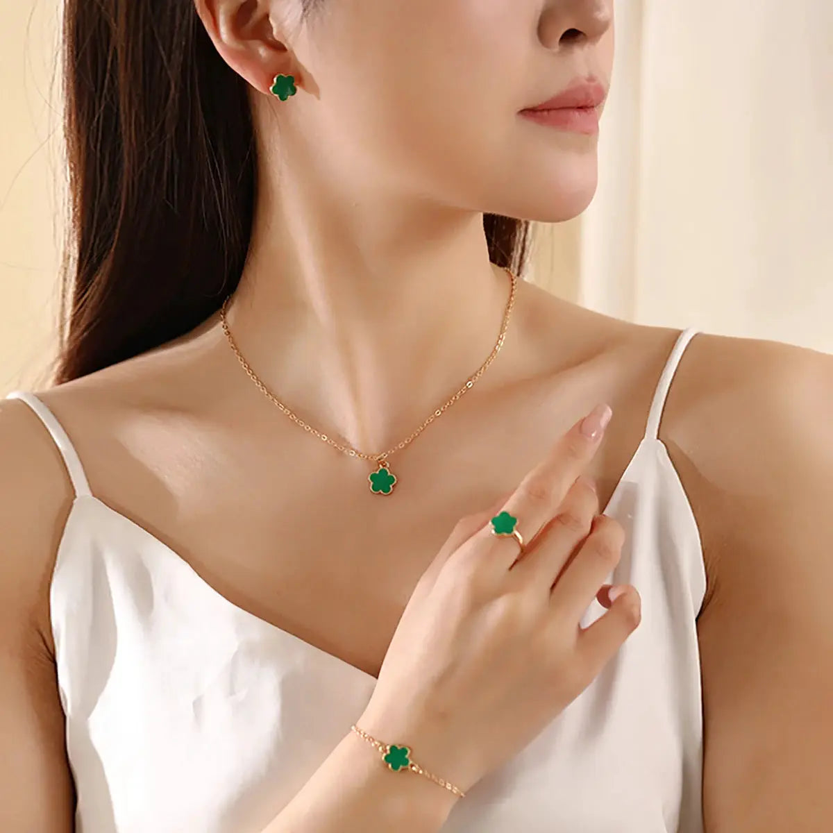 Lucky Clover Five Petal Necklace Earrings Ring Bracelet Set For Women Fashion Accessories Party Jewelry