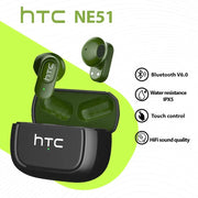 HTC NE51 green/black wireless earphones in charging case; 2 earbuds, Bluetooth V6.0, IPX5, touch control, HiFi sound