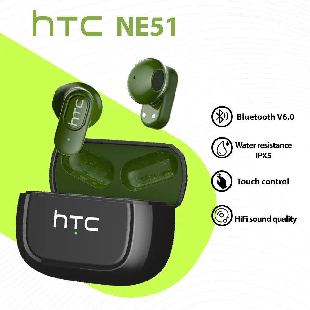 HTC NE51 green/black wireless earphones in charging case; 2 earbuds, Bluetooth V6.0, IPX5, touch control, HiFi sound
