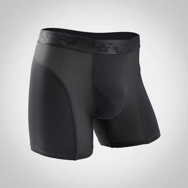 Extra-long men's boxer briefs by Simples Market; black breathable underwear with textured panels