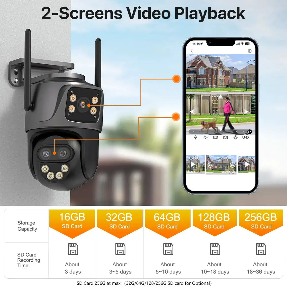 Simples Market IP camera with smartphone app display; 6K/9MP outdoor WiFi PTZ, 8x zoom, dual-screen viewing