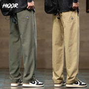 HIQOR men's casual cargo pants in olive green and khaki cotton, wide-leg jogger style with back pockets, HIQOR logo