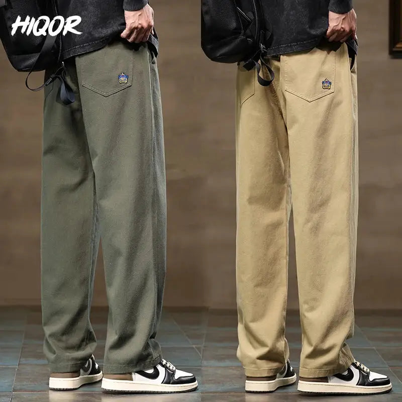 HIQOR men's casual cargo pants in olive green and khaki cotton, wide-leg jogger style with back pockets, HIQOR logo