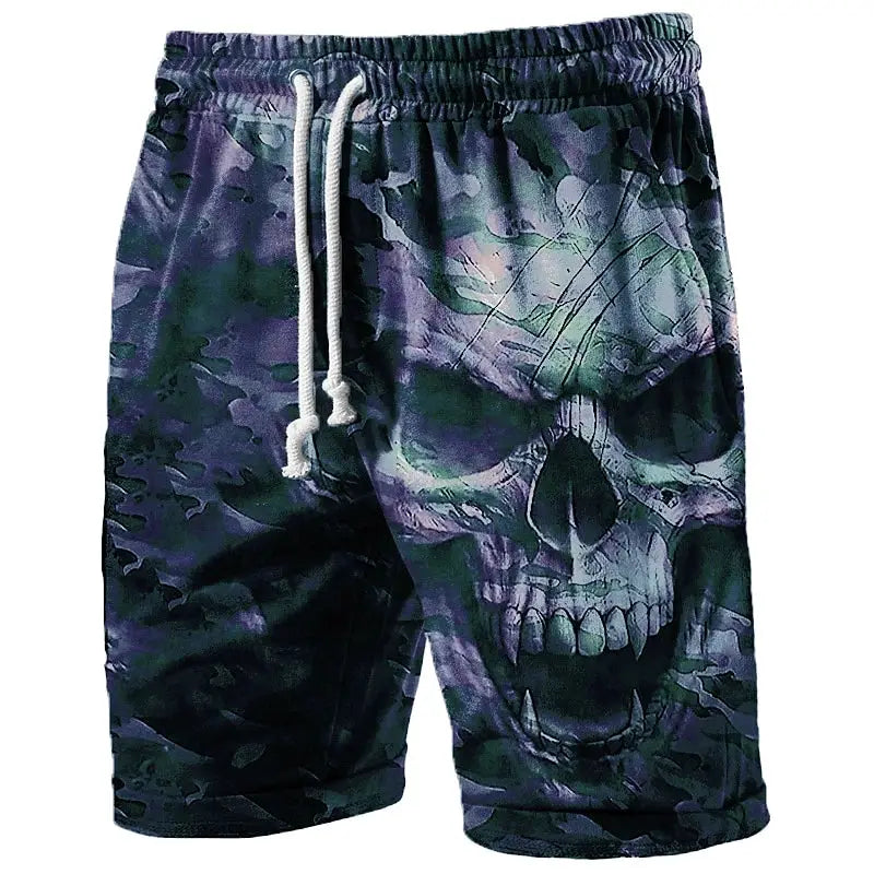 Trend Skull Graphic Beach Shorts for Men by Simples Market, purple-green camo 3D print, breathable swim trunks