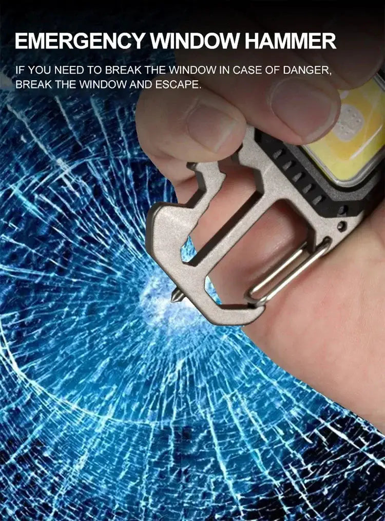 COB keychain work light with battery display, rechargeable, compact silver carabiner clip.
