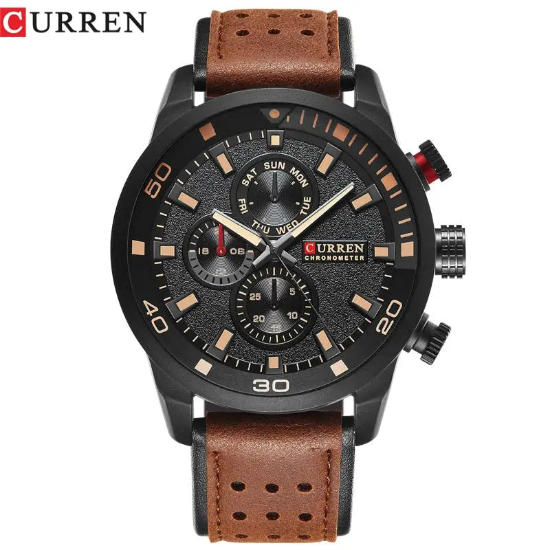 Curren 8250 men's waterproof casual three-hand watch with black dial and brown leather strap