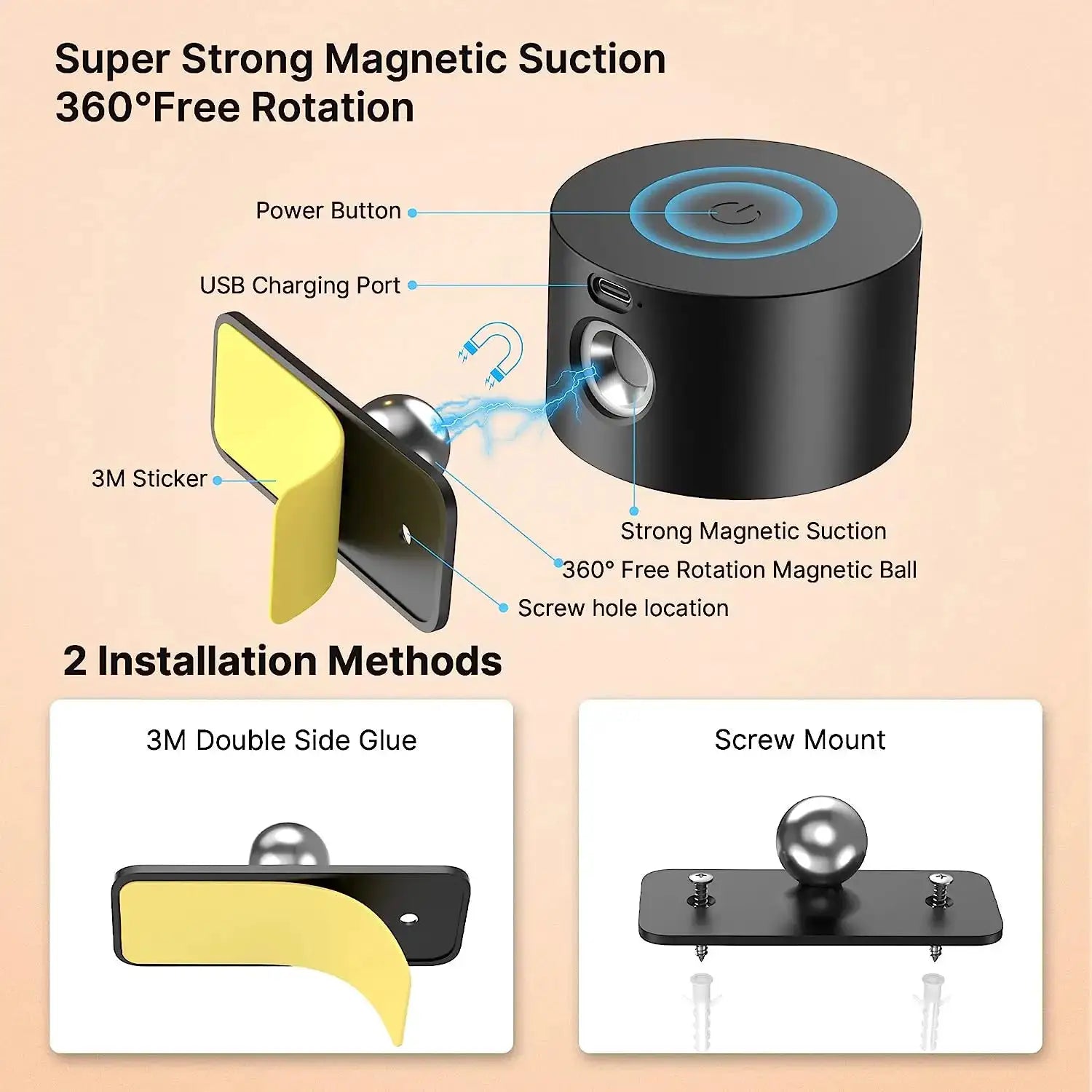 Simples Market LED indoor wall lamp, black rechargeable light with 360° rotation and magnetic suction