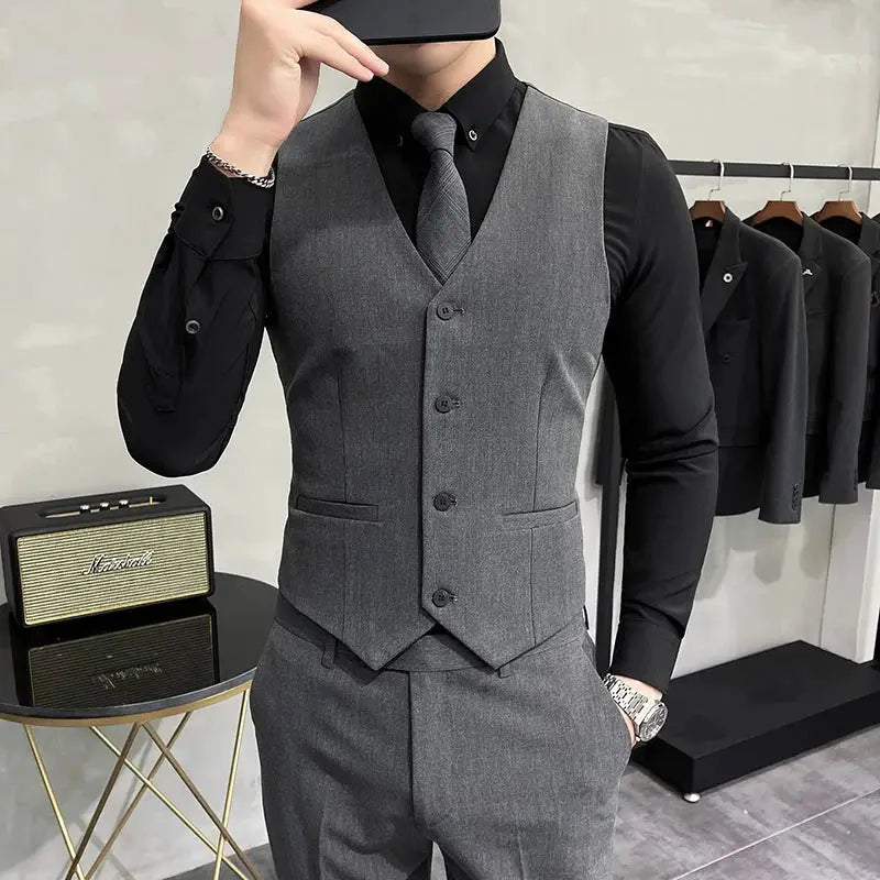 Simples Market grey men's waistcoat with matching pants, over black shirt and grey tie