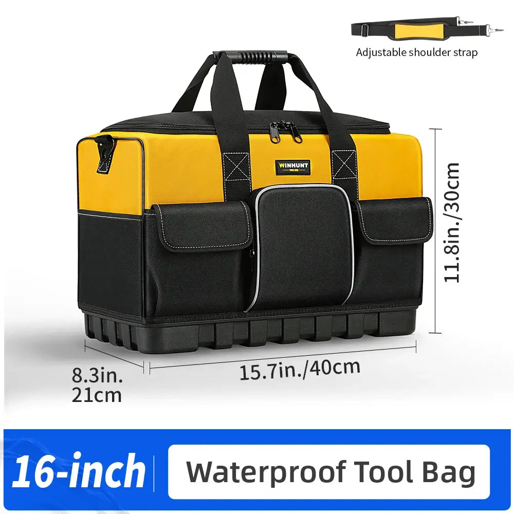 WINHUNT Heavy-Duty Tool Bag in yellow and black with wide-mouth opening and molded bottom; adjustable strap.